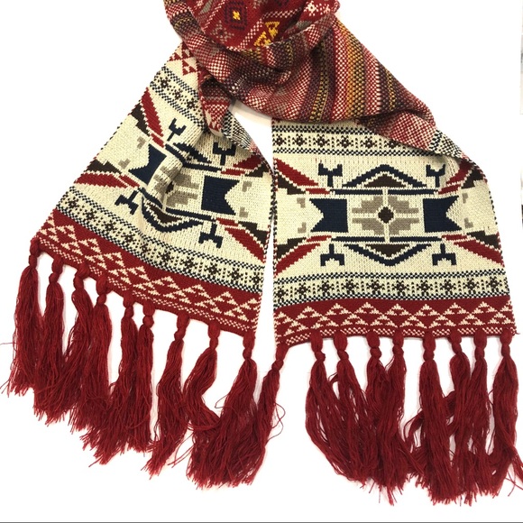 Accessories - Boho Aztec Red Knit Scarf